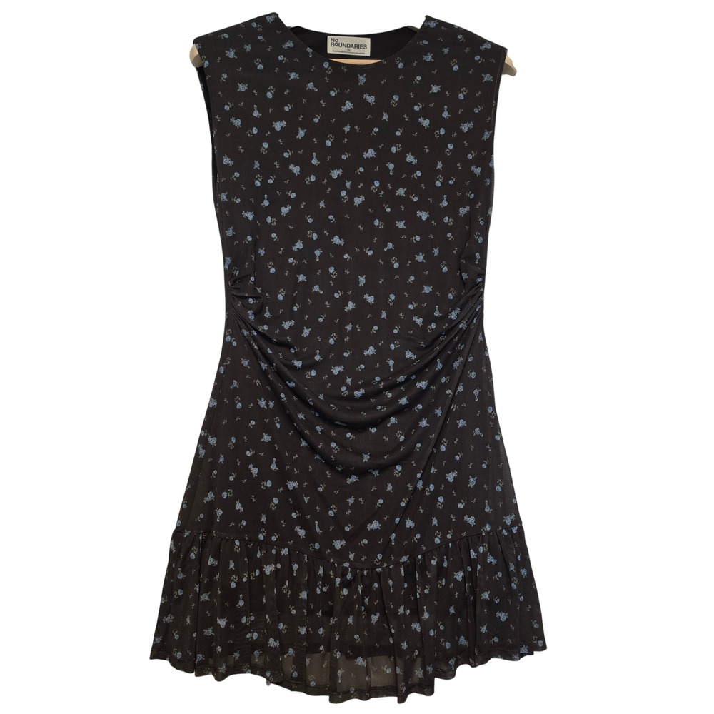 No Boundaries Floral Mesh Ruched Ruffle Sleeveless Mini Dress Black Blue Large